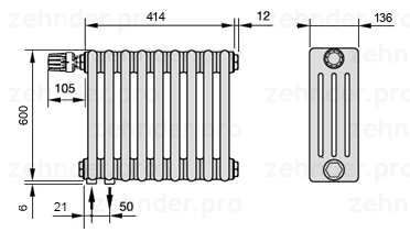 Схема (чертеж) Радиатор Zehnder Charleston 4060/9 №V001 Белый глянцевый RAL 9016